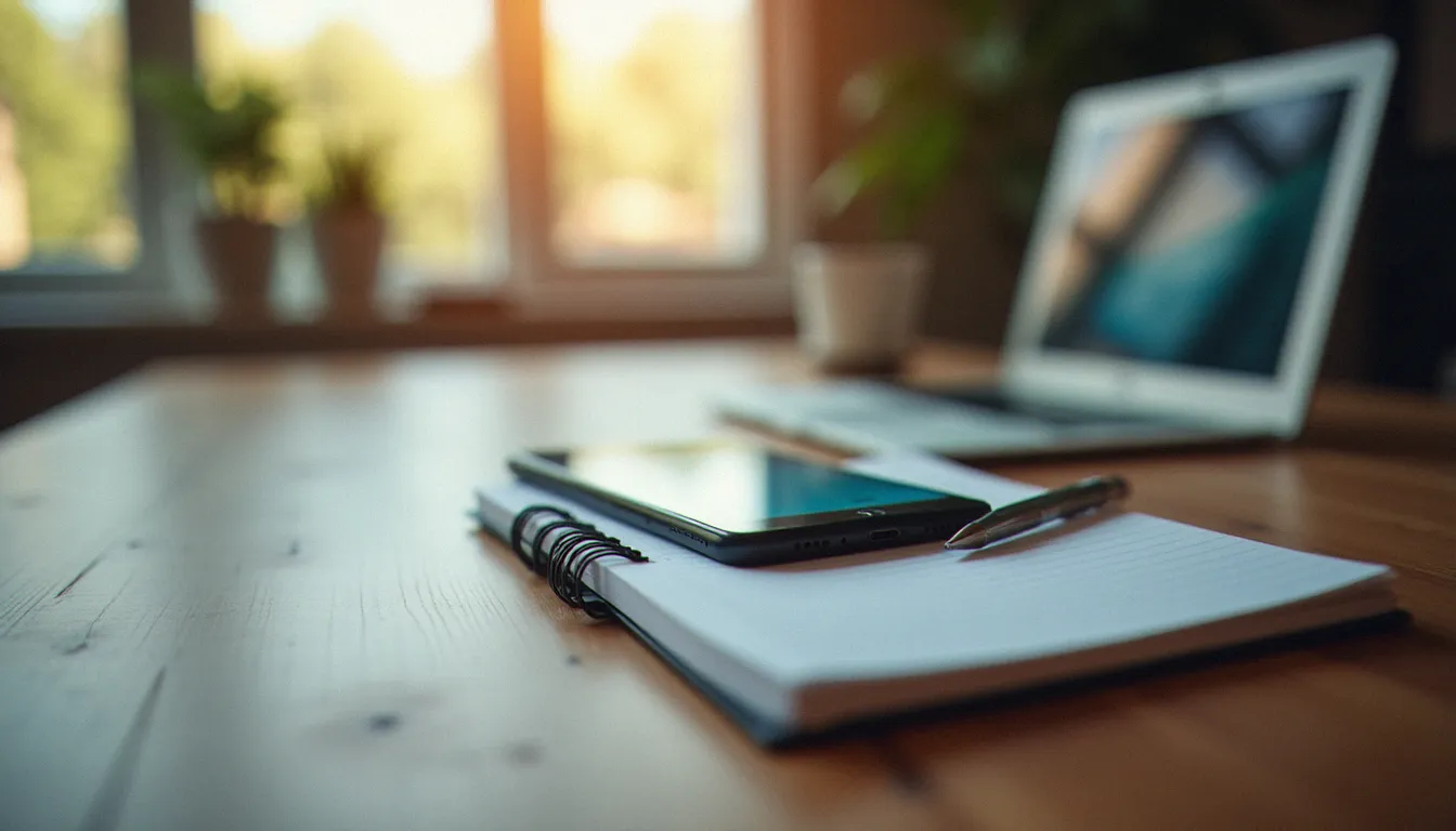 Smartphone et carnet sur un bureau en bois, symbolisant l'économie des créateurs de contenu et les plateformes de streaming adulte