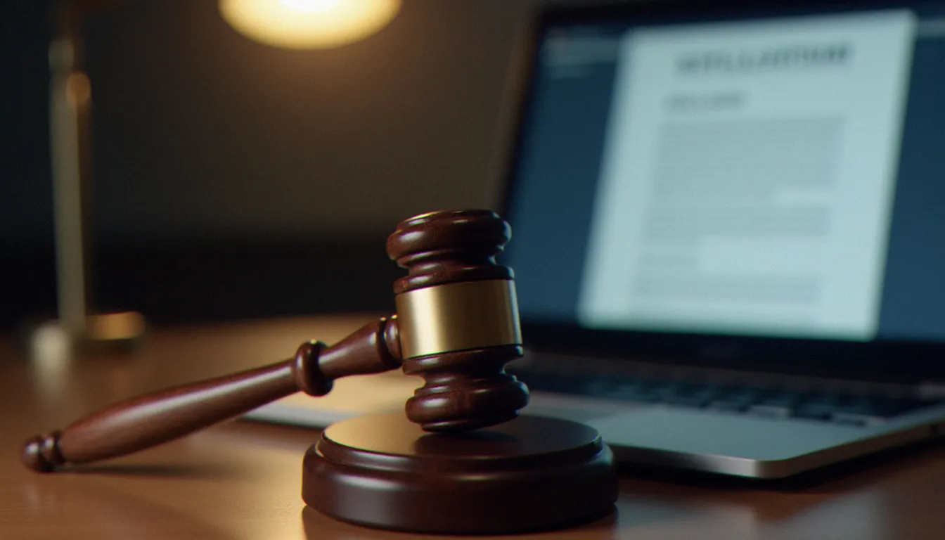 Marteau de juge posé à côté d'un ordinateur portable affichant un document légal flou, illustrant le cadre juridique du streaming vidéo adulte en France