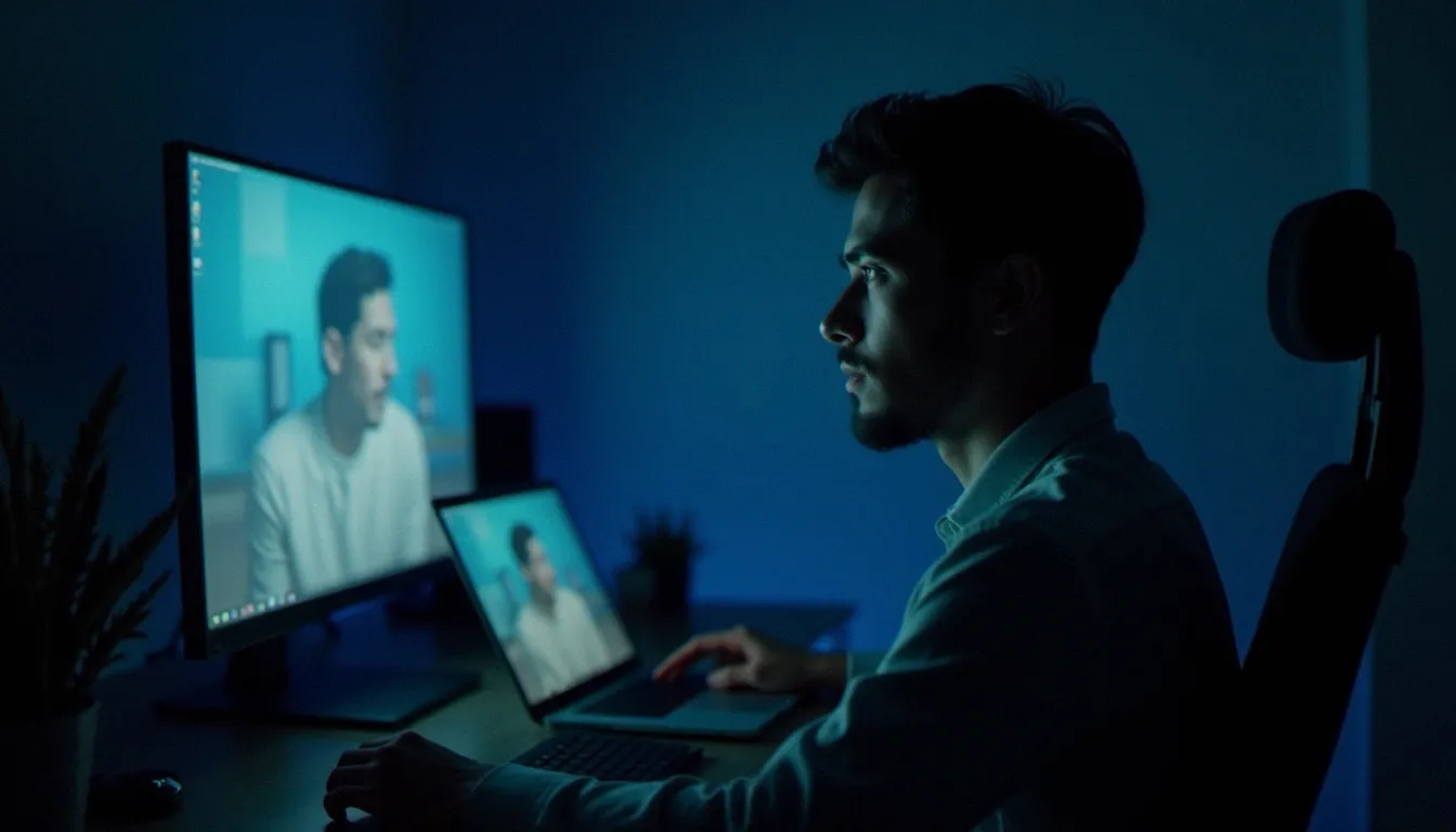 Personne devant un écran d'ordinateur affichant une interface de streaming vidéo floue, illustrant la navigation sur des plateformes de streaming video x gratuit