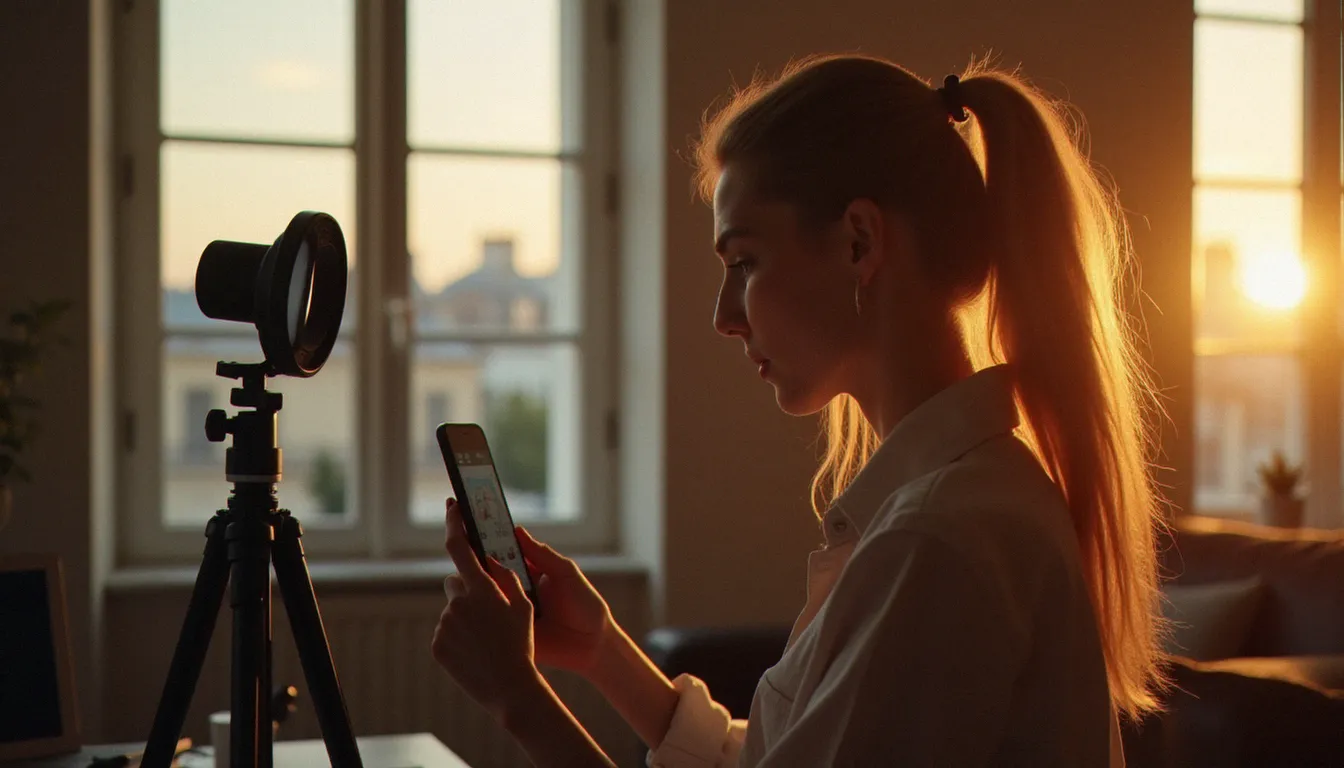 Video adulte gratuite HD : guide complet daftsex.fr 2026 Créatrice de contenu indépendante installant son studio maison à Paris avec anneau lumineux et smartphone sur trépied pour produire du contenu vidéo adulte en haute définition