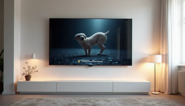 Grand écran de télévision moderne affichant une interface de lecteur vidéo HD dans un appartement parisien contemporain, illustrant la qualité d'une video adulte gratuite hd en haute définition