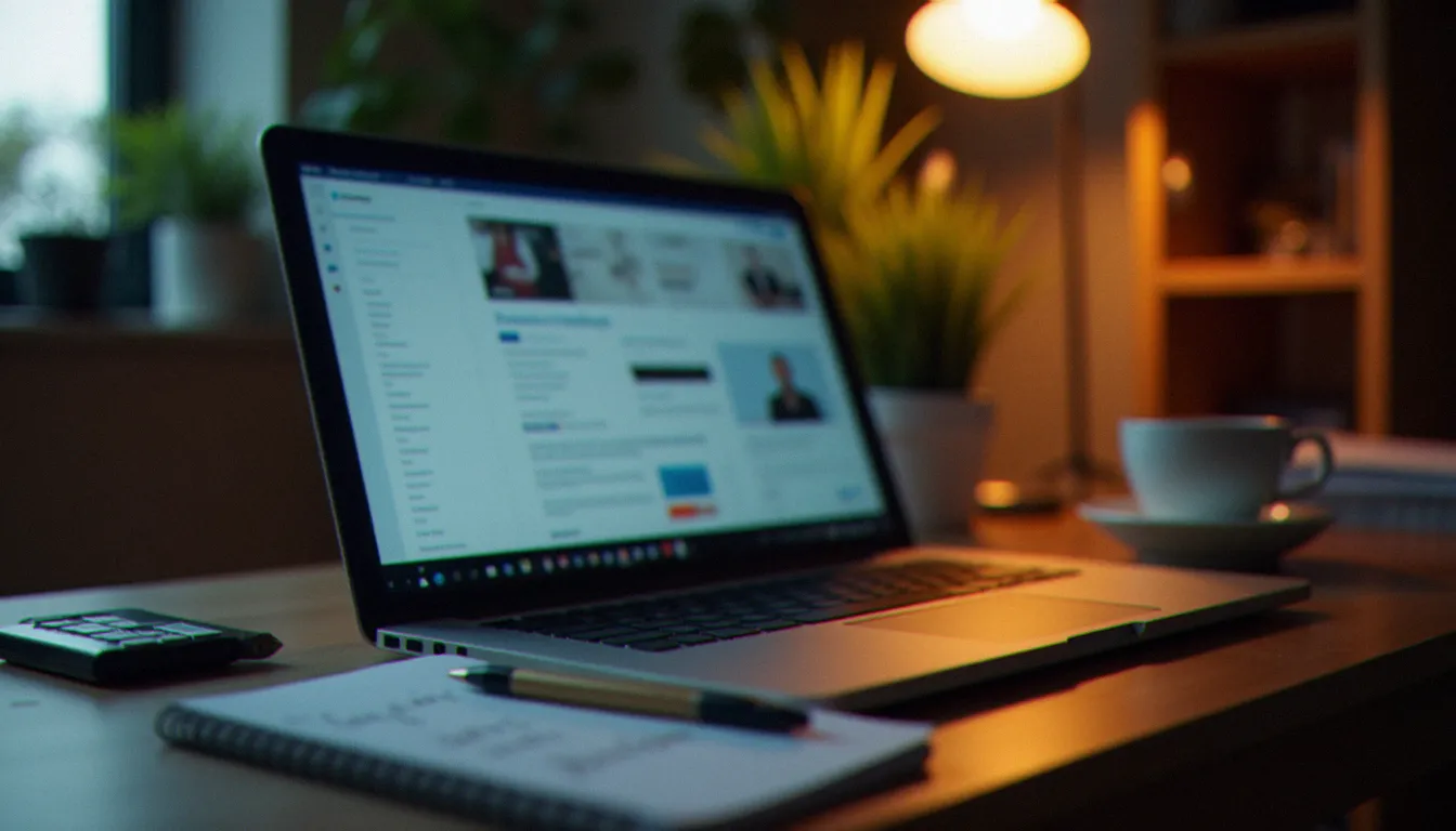 Un bureau home office ordonné avec un ordinateur portable ouvert sur une interface de plateforme floue et un carnet de notes financières, illustrant la monétisation professionnelle du contenu de vidéo amateur française adulte