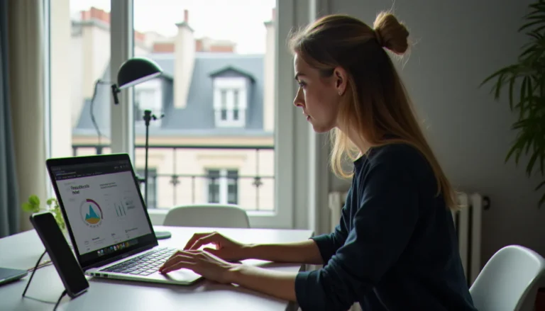 Video amateur francaise adulte : guide complet 2026 Une créatrice de contenu française travaillant à son bureau dans un appartement parisien avec un laptop et un ring light, illustrant l'essor de la vidéo amateur française adulte en tant qu'activité professionnelle indépendante