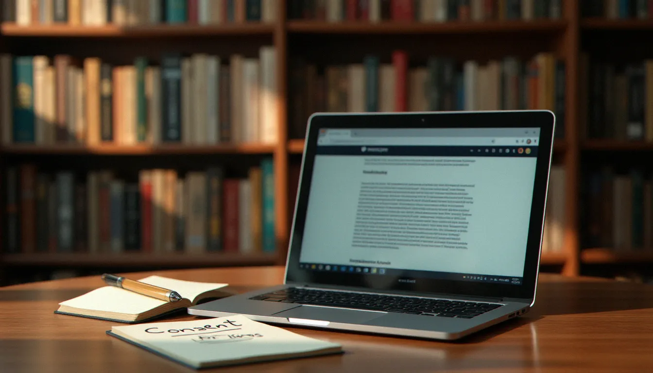 Bibliothèque spécialisée en psychologie et sexualité avec ordinateur portable ouvert, symbolisant la recherche documentaire sur le consentement dans le contenu BDSM