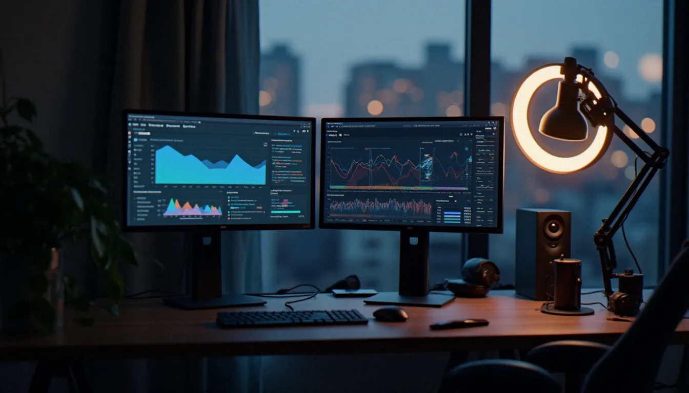 Espace de travail d'un créateur de contenu adulte indépendant avec équipement de streaming et tableaux de bord d'analyse, illustrant l'économie des créateurs BDSM en ligne