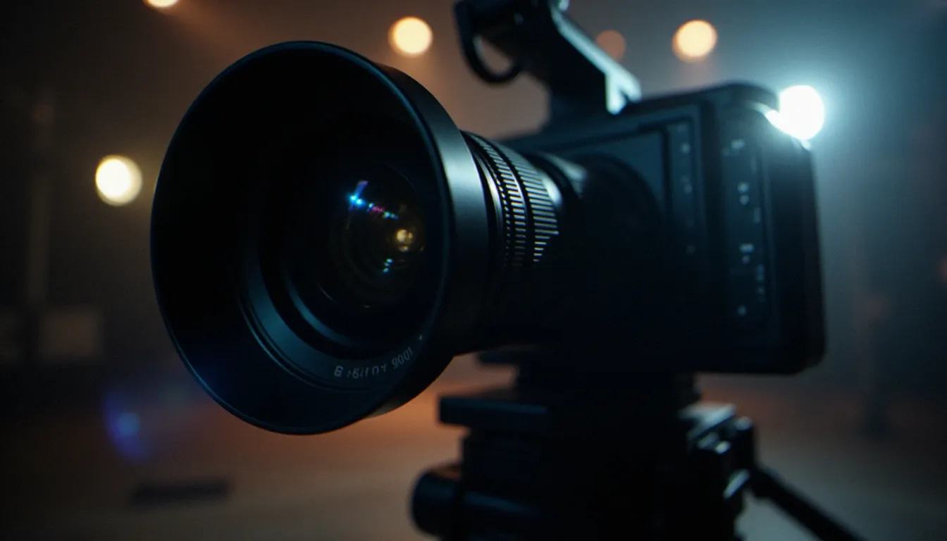Objectif de caméra professionnelle en gros plan avec éclairage studio, symbolisant la qualité HD de production vidéo
