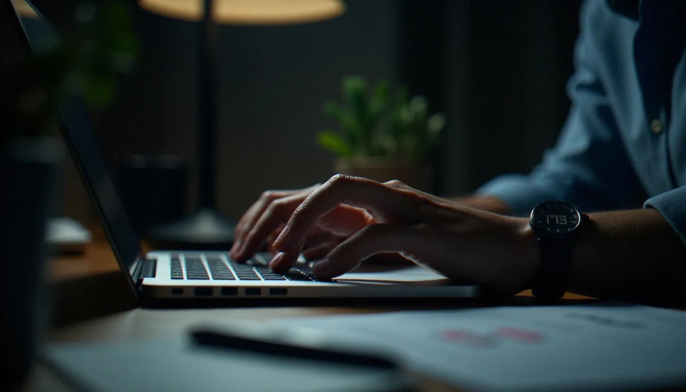 Mains sur un clavier d'ordinateur portable entourées de documents légaux, illustrant les enjeux de droits et de consentement dans le contenu adulte en ligne