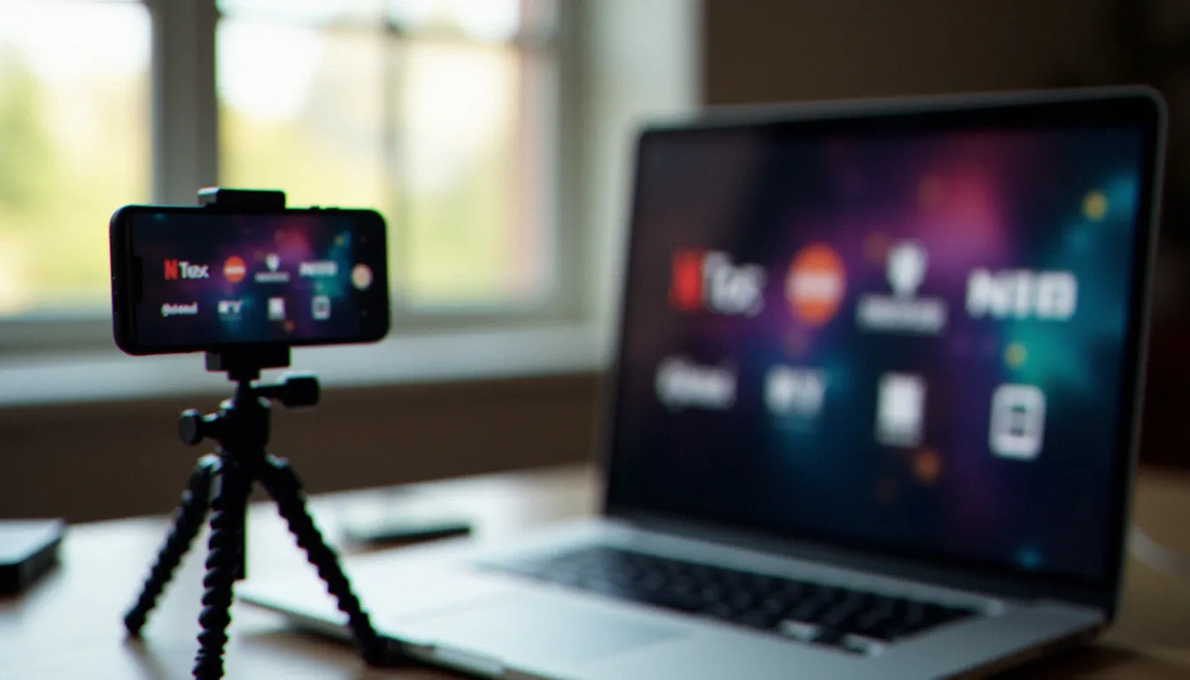 Smartphone sur trépied et ordinateur portable montrant des interfaces de plateformes de contenu en ligne, illustrant l'écosystème des plateformes de vidéo fétichisme en ligne