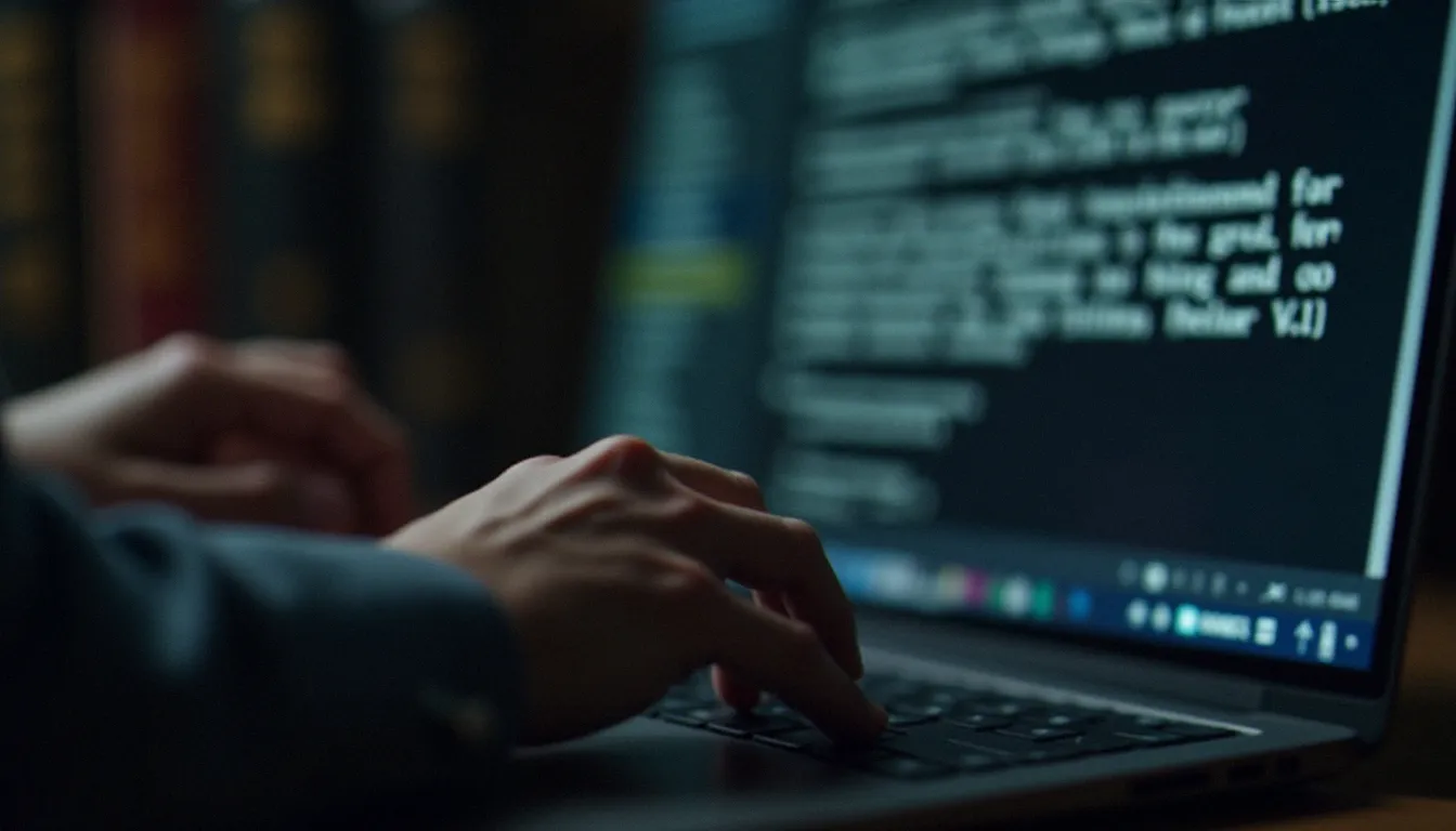Mains tapant sur un clavier face à un document juridique flou à l'écran, symbolisant la protection DMCA des créateurs de vidéo fétichisme en ligne
