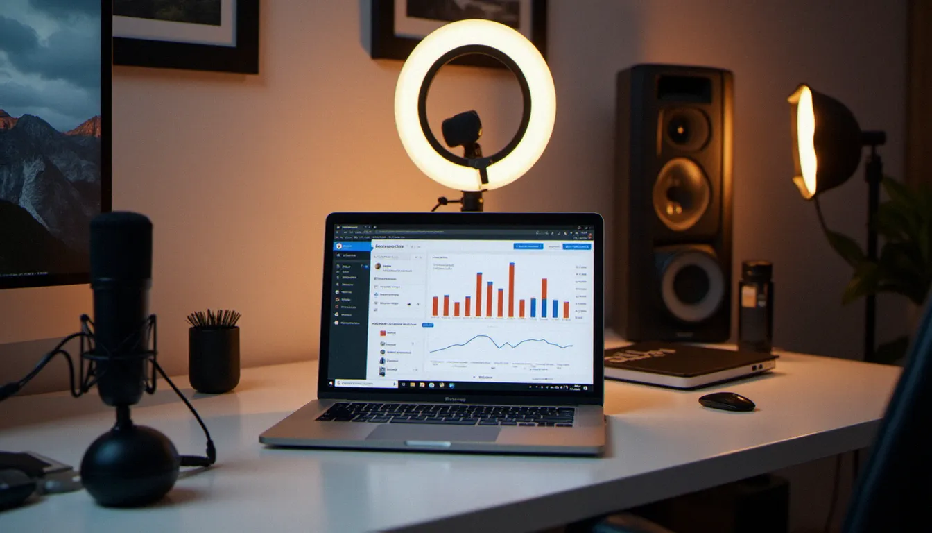 Studio de création de contenu numérique avec ordinateur portable affichant des statistiques de vidéo fétichisme en ligne, éclairage annulaire et accessoires professionnels sur un bureau blanc