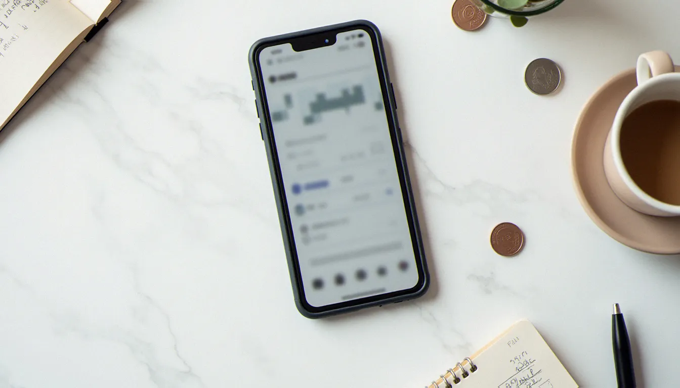 Vidéo lesbienne française gratuite : guide complet 2026 Vue de dessus d'un bureau avec smartphone, pièces de monnaie et carnet de notes illustrant l'économie des plateformes de contenu gratuit et payant