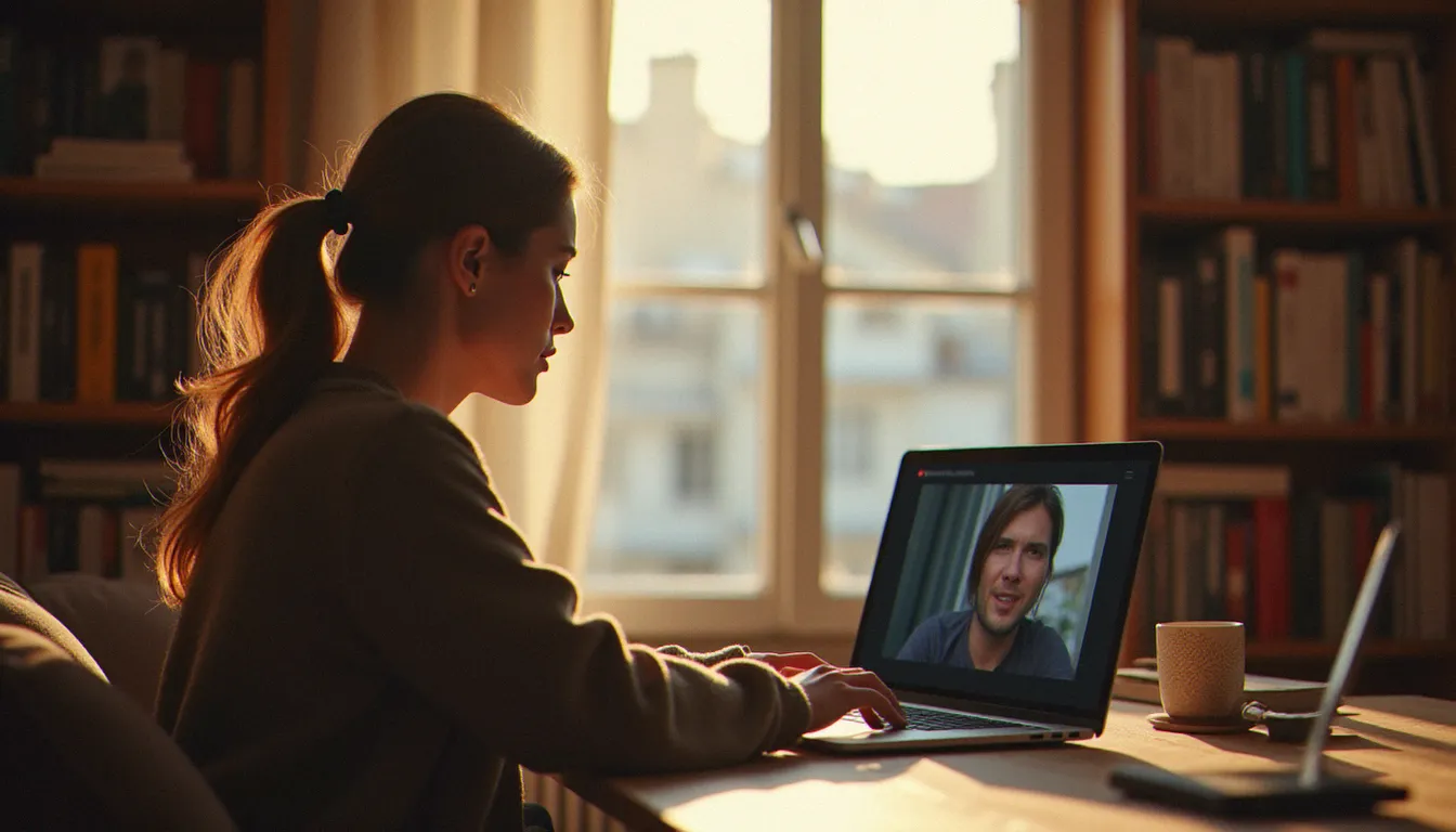 Vidéo lesbienne française gratuite : guide complet 2026 Jeune femme française naviguant sur une plateforme de video lesbienne francaise gratuite depuis son appartement parisien, lumière naturelle de fin d'après-midi