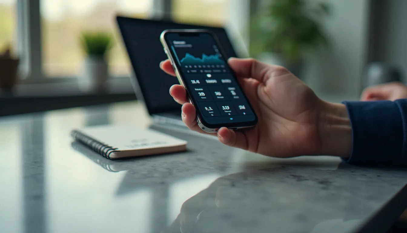 Smartphone affichant un tableau de bord flou de statistiques d'une créatrice de contenu lingerie sur une plateforme d'abonnement