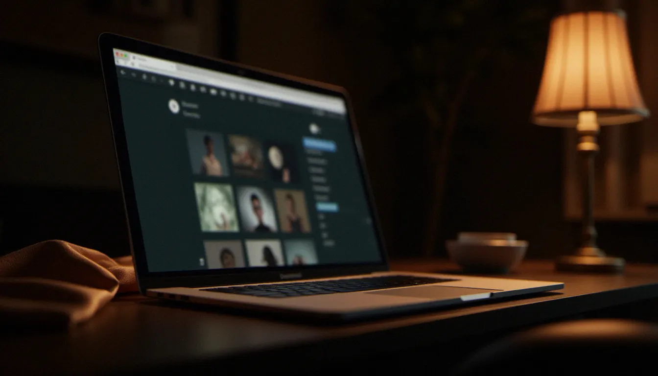 Ordinateur portable sur un bureau parisien affichant une interface floue de plateforme de contenu, illustrant la recherche de video lingerie sexy gratuite en ligne