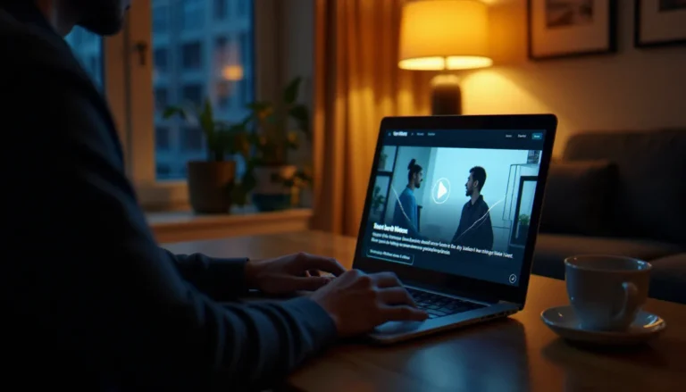 Video Mature Gratuite : Guide Complet des Plateformes 2026 Personne naviguant sur une plateforme de video mature gratuite depuis un ordinateur portable dans un appartement moderne