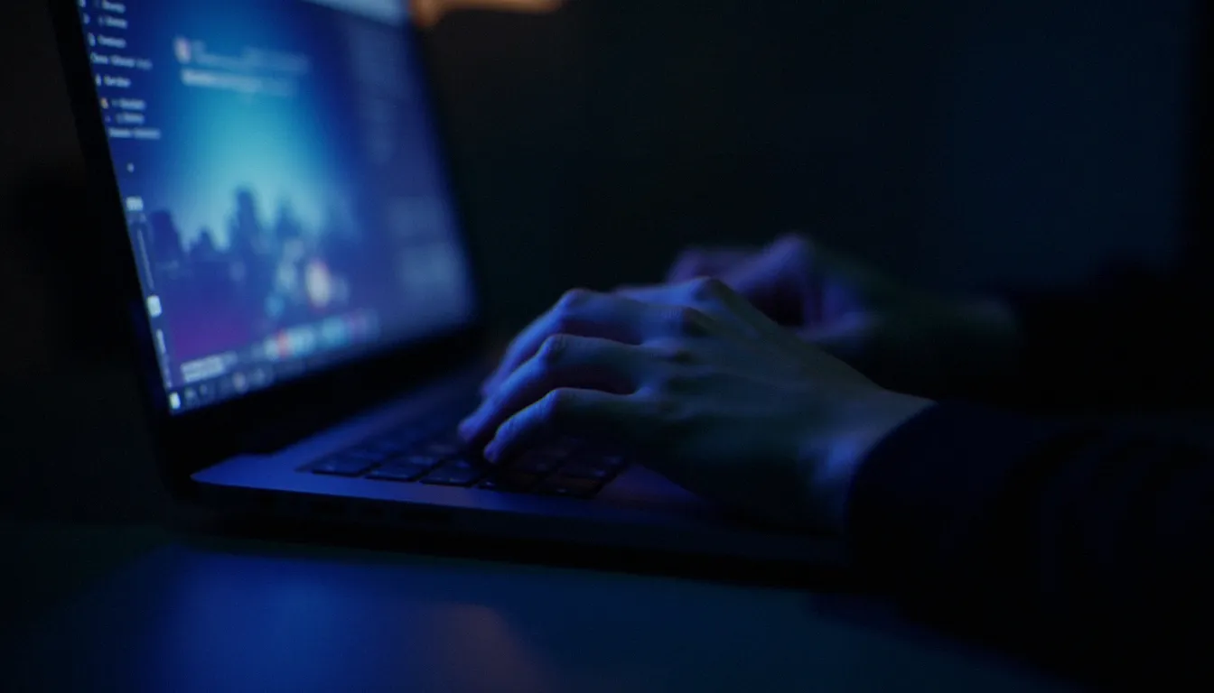 Video Swinger Français : Guide Complet 2026 Mains sur un clavier d'ordinateur devant une interface vidéo floue, illustrant la navigation sur les plateformes de vidéos swinger françaises en ligne