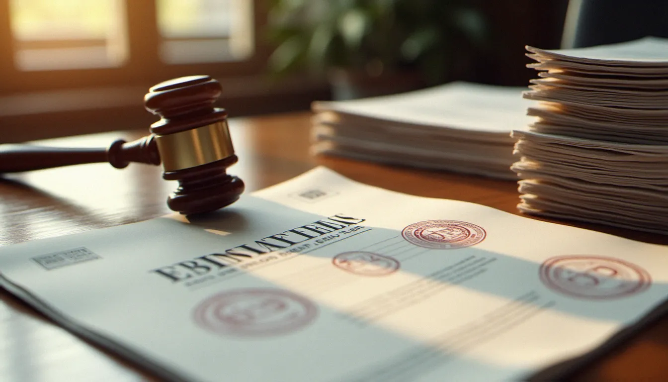 Video Swinger Français : Guide Complet 2026 Documents juridiques officiels et marteau de justice sur un bureau, illustrant le cadre légal encadrant la production et diffusion de vidéos swinger en France