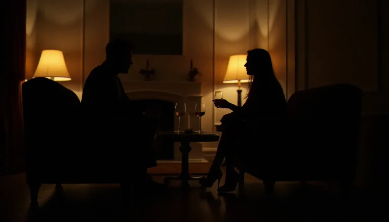 Couple en conversation dans un salon parisien intimiste, illustrant la culture de la video swinger français et le lifestyle échangiste en France