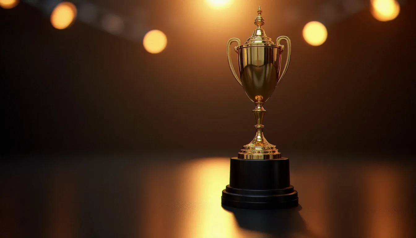 Trophée doré en gros plan sur fond sombre avec lumières d'ambiance, symbolisant les récompenses de l'industrie adulte professionnelle