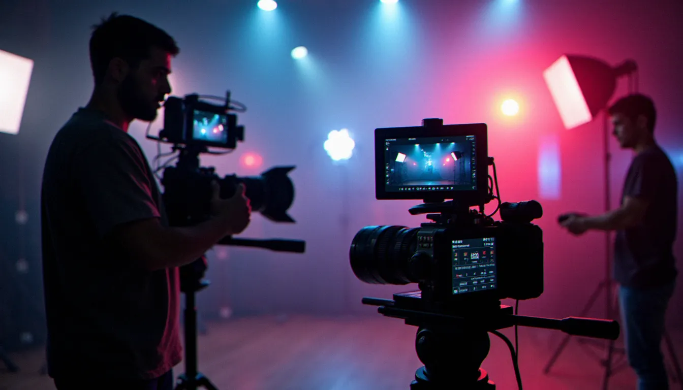 Matériel de production vidéo professionnelle sur un plateau de tournage, illustrant l'industrie cinématographique adulte récompensée aux AVN Awards