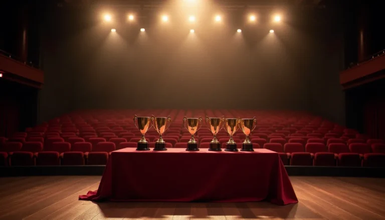 37e cérémonie des AVN Awards : tout savoir sur l'événement Scène de cérémonie de remise de prix avec trophées dorés éclairés par des projecteurs, évoquant la 37e cérémonie des AVN Awards