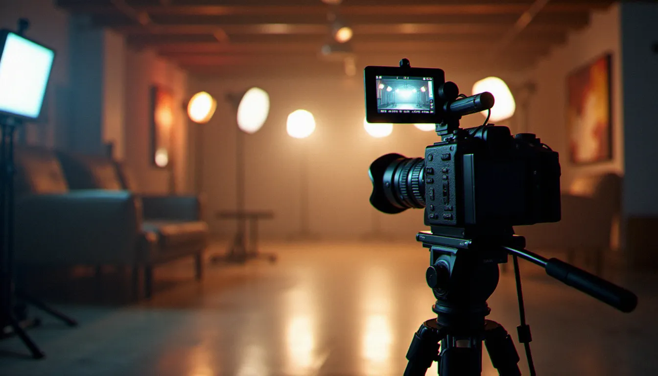 Plateau de tournage professionnel avec équipements cinématographiques, illustrant la production de contenu adulte récompensée aux AVN Awards