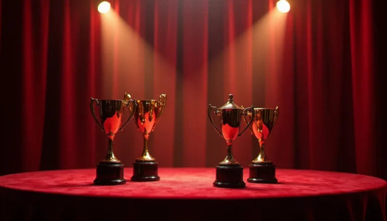 38e cérémonie des AVN Awards : tout ce qu'il faut savoir Scène de cérémonie de remise de prix avec trophées dorés, évoquant la 38e cérémonie des AVN Awards dans un cadre glamour