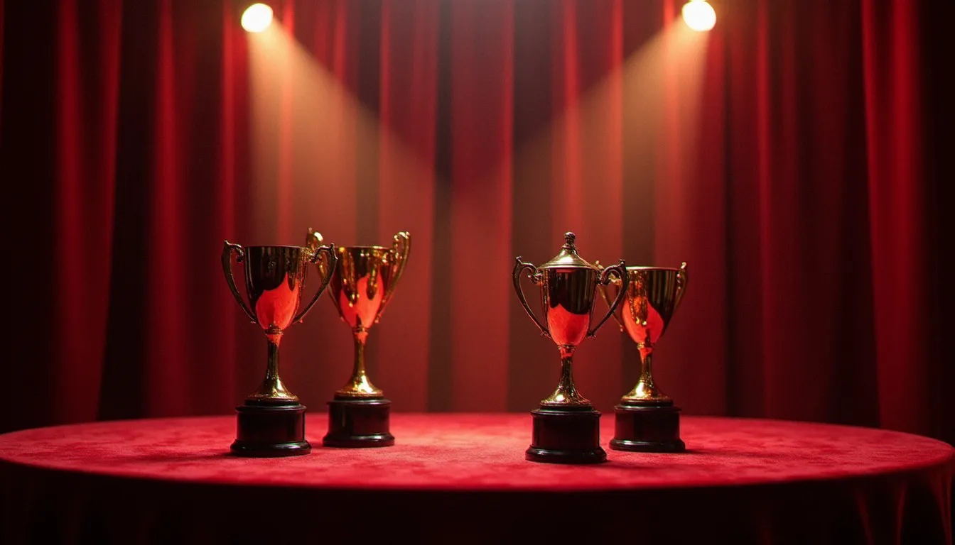 Scène de cérémonie de remise de prix avec trophées dorés, évoquant la 38e cérémonie des AVN Awards dans un cadre glamour