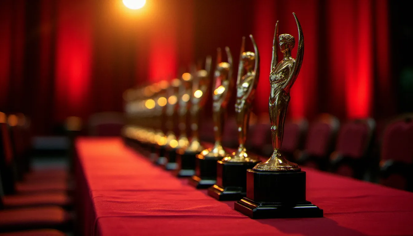 Trophées professionnels alignés sur une table de cérémonie, symbolisant les différentes catégories récompensées aux AVN Awards