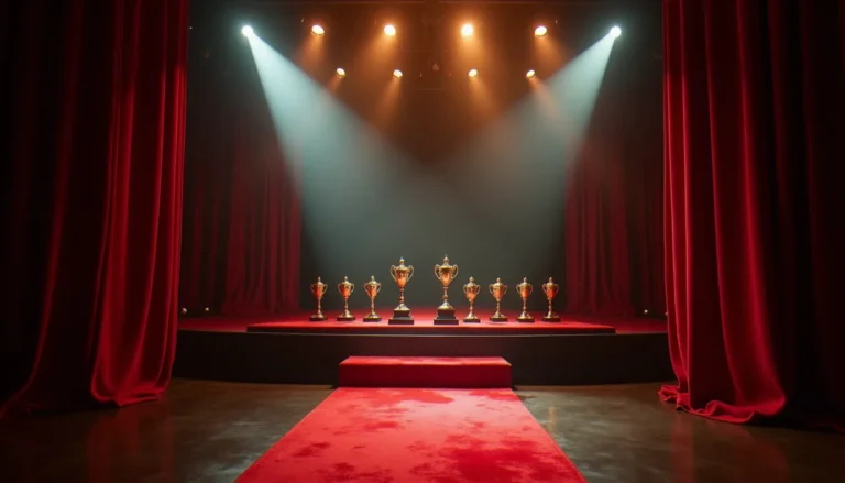 39e cérémonie des AVN Awards : tout ce qu'il faut savoir Scène de cérémonie de remise de prix élégante illustrant la 39e cérémonie des AVN Awards avec podium et trophées sous les projecteurs