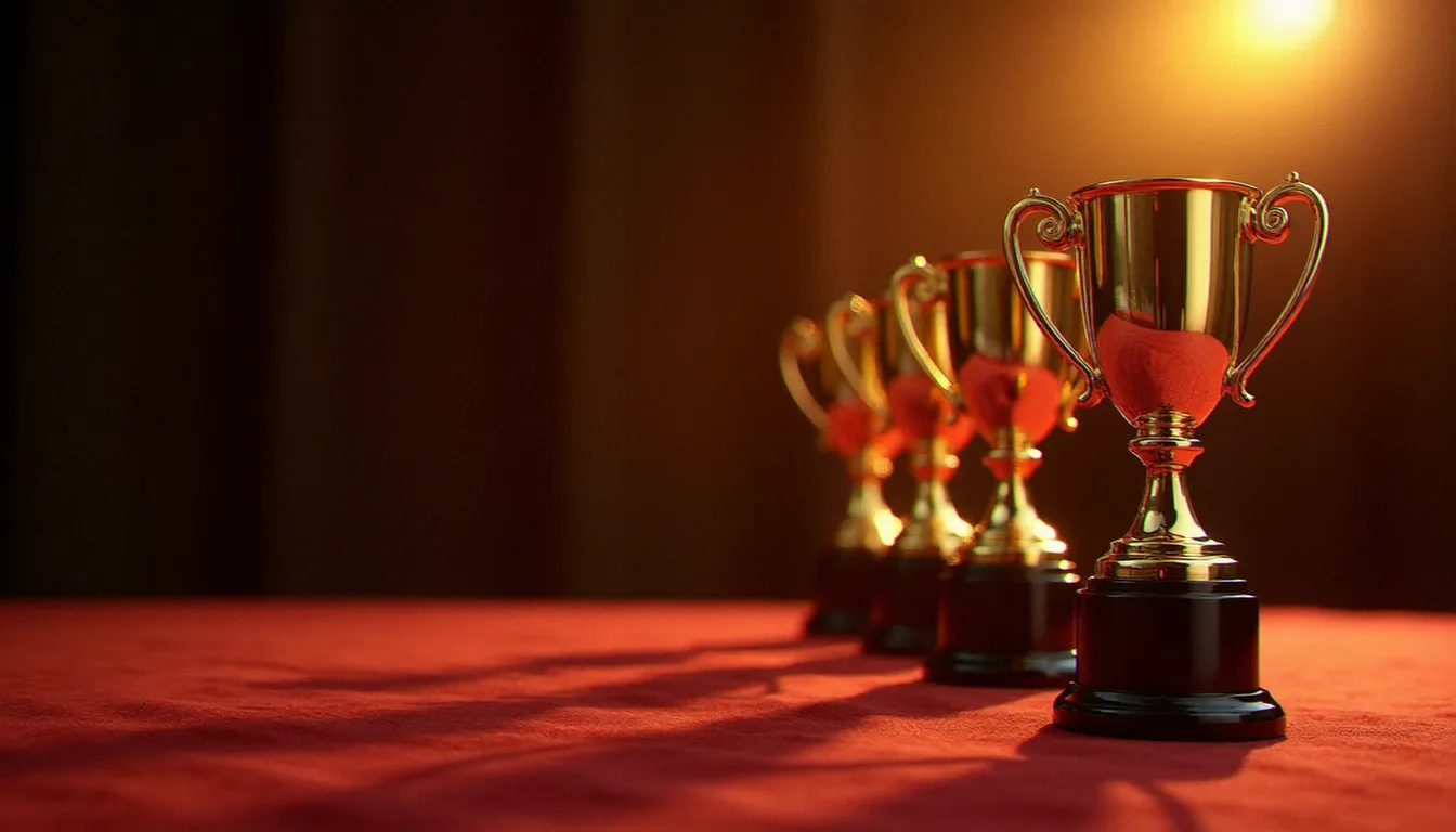 Trophées dorés alignés sur un présentoir en velours lors d'une cérémonie de récompenses professionnelles de l'industrie du divertissement