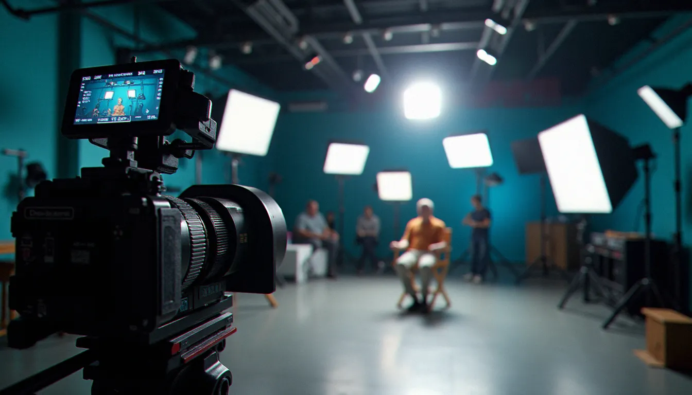 42e cérémonie des AVN Awards : tout savoir Plateau de tournage professionnel avec équipement de caméra cinéma et éclairages de studio, représentant l'industrie de la production récompensée aux AVN Awards