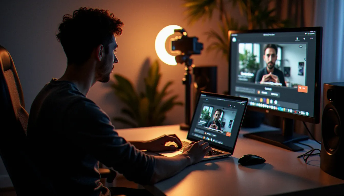 42e cérémonie des AVN Awards : tout savoir Créateur de contenu dans un espace de travail moderne avec ordinateur portable et équipement de streaming, illustrant l'évolution numérique des plateformes indépendantes aux AVN Awards