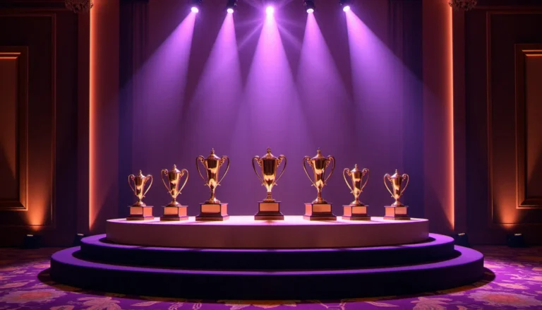 Scène de cérémonie de remise de prix avec trophées dorés dans une salle de gala de Las Vegas, ambiance lumineuse violette et or illustrant la 42e cérémonie des AVN Awards