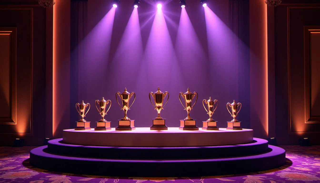 42e cérémonie des AVN Awards : tout savoir Scène de cérémonie de remise de prix avec trophées dorés dans une salle de gala de Las Vegas, ambiance lumineuse violette et or illustrant la 42e cérémonie des AVN Awards