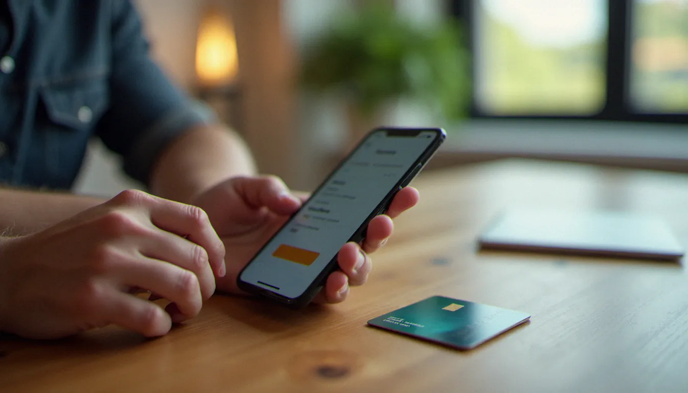 Smartphone affichant un écran d'abonnement flouté avec carte bancaire sur une table, symbolisant le modèle d'abonnement adult time