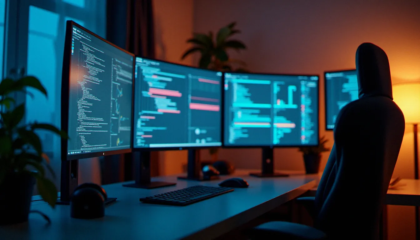 Bureau moderne avec plusieurs écrans affichant des interfaces de streaming flouées, illustrant la comparaison des plateformes adulte premium