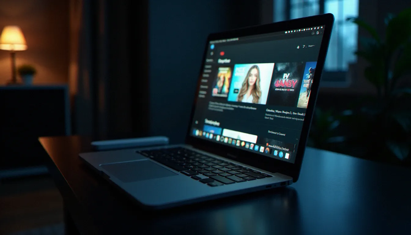 Ordinateur portable sur un bureau moderne affichant une interface de streaming adulte floue, illustrant la plateforme adult time