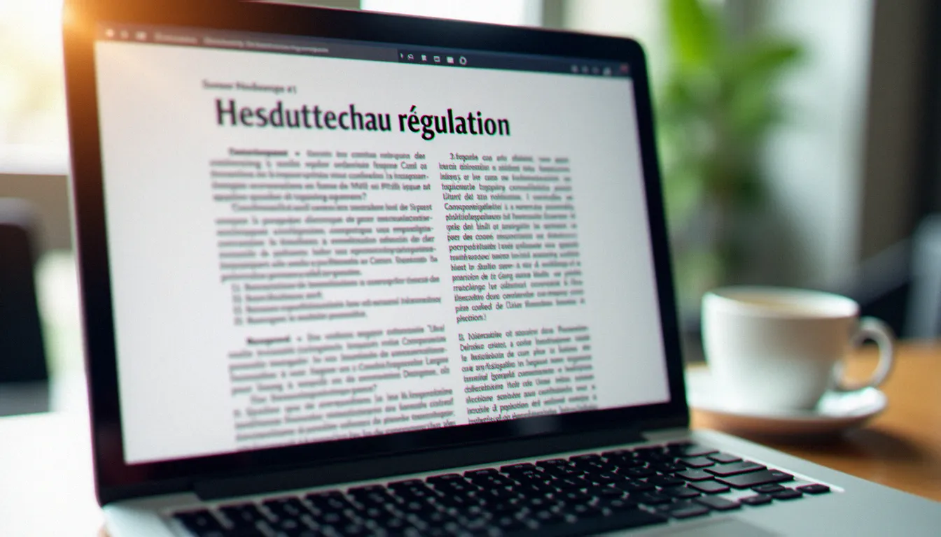 Écran d'ordinateur affichant un texte réglementaire flou dans un cadre de bureau, illustrant la consultation des décisions de l'autorité de régulation audiovisuelle et numérique