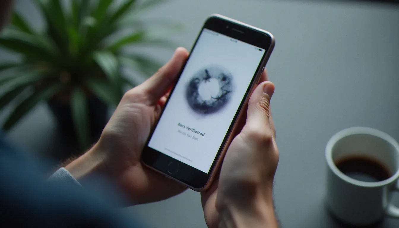 Main tenant un smartphone affichant une interface de vérification d'âge floue, illustrant les obligations imposées par l'autorité de régulation numérique aux plateformes en ligne