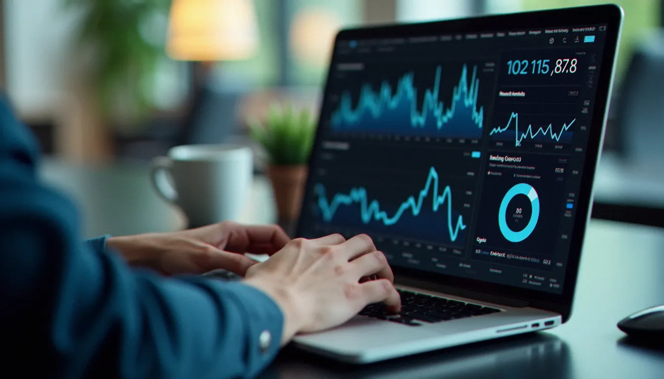 Mains sur un clavier d'ordinateur face à un tableau de bord d'analytiques représentant l'économie des créateurs de contenu adulte en ligne