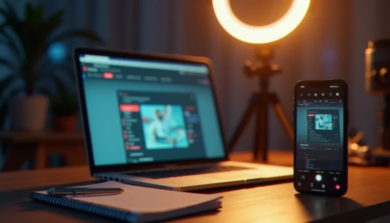 Contenu adulte en ligne : guide complet 2026 Bureau professionnel de créateur de contenu adulte avec laptop, anneau lumineux et smartphone sur trépied illustrant l'univers du contenu adulte indépendant