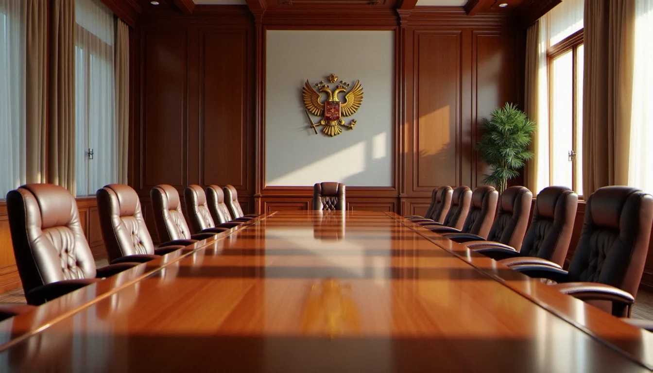 Gouvernement de la fédération de russie : fonctionnement Salle de réunion officielle du gouvernement russe avec grande table et armoiries fédérales au mur