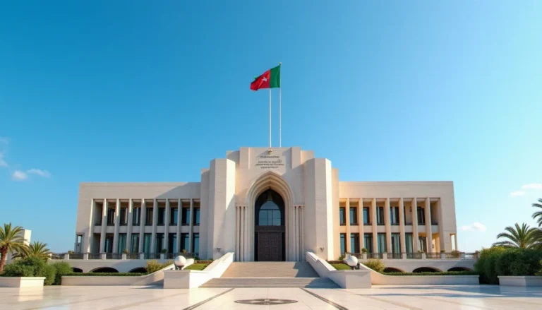 Gouvernement de la République algérienne : guide complet Bâtiment gouvernemental officiel à Alger avec le drapeau de la République algérienne, architecture institutionnelle