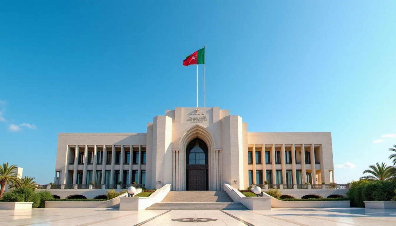 Bâtiment gouvernemental officiel à Alger avec le drapeau de la République algérienne, architecture institutionnelle