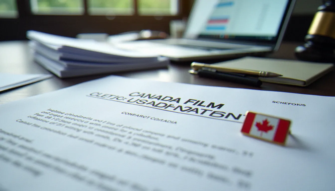 Documents de certification officielle d'une production canadienne posés sur un bureau avec des contrats et un ordinateur portable affichant des données financières