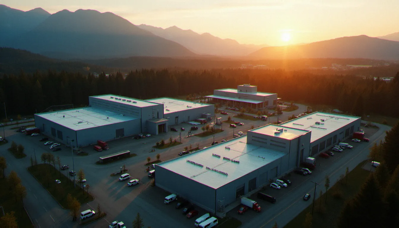 Vue aérienne d'un complexe de studios de cinéma en périphérie de Vancouver entouré de montagnes, illustrant l'attractivité du Canada pour les grandes productions