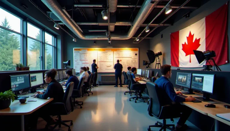 Bureau d'une société de production de cinéma ayant son siège au Canada, avec des tableaux de production et du matériel professionnel visible à Vancouver