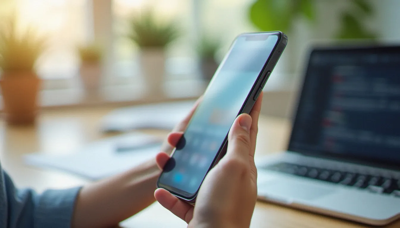 Main tenant un smartphone avec un écran de réseau social flouté, dans un bureau à domicile éclairé par la lumière naturelle.