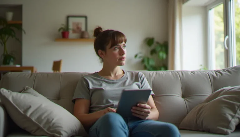 Personne assise sur un canapé, regardant une tablette avec une expression réfléchie, dans un salon moderne et lumineux.